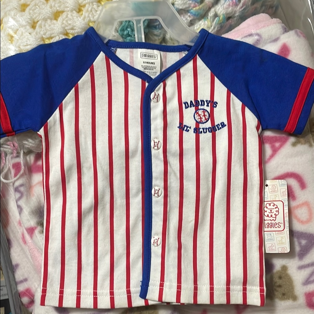 Daddy's Lil Slugger Striped Baby Outfit- Blue and Red